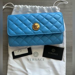 Versace La Medusa Blue Quilted Lamb Leather Crossbody Clutch